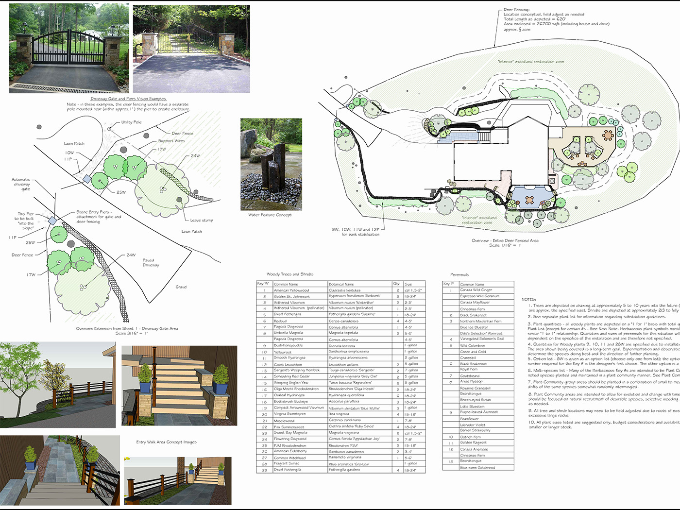 Design Plan for woodland home including images of hardscape details and sketchup renderings