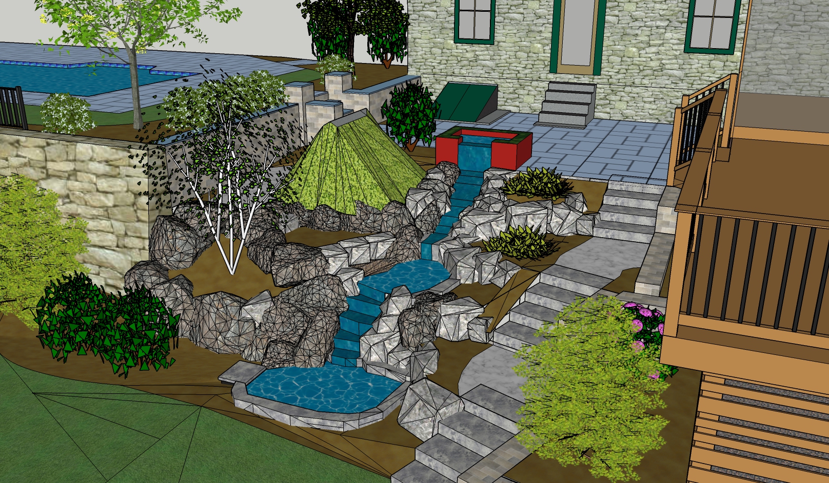 3D sketchup capture of patio area with focus on cascading water feature, steps and more